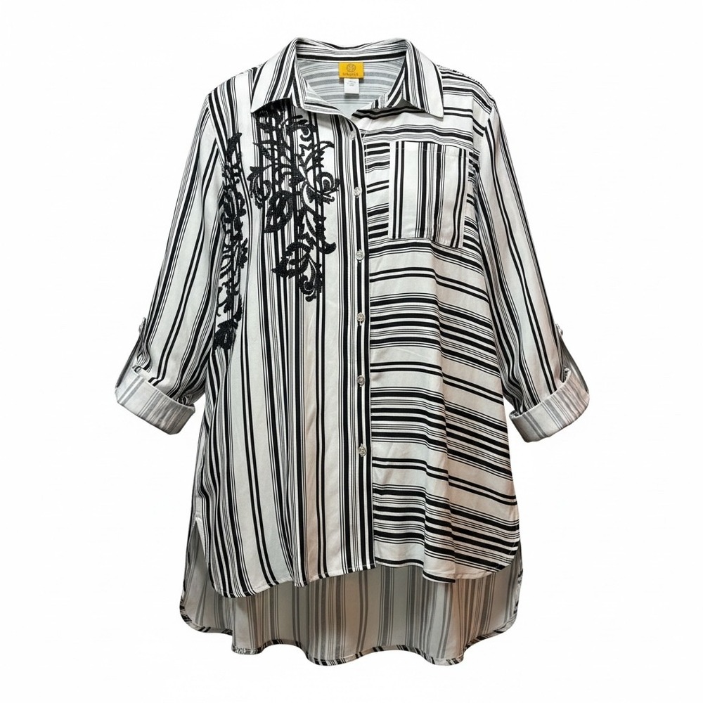 Ruby Rd Womens XL Black White Striped Floral Embroidered Button Down Tunic Top